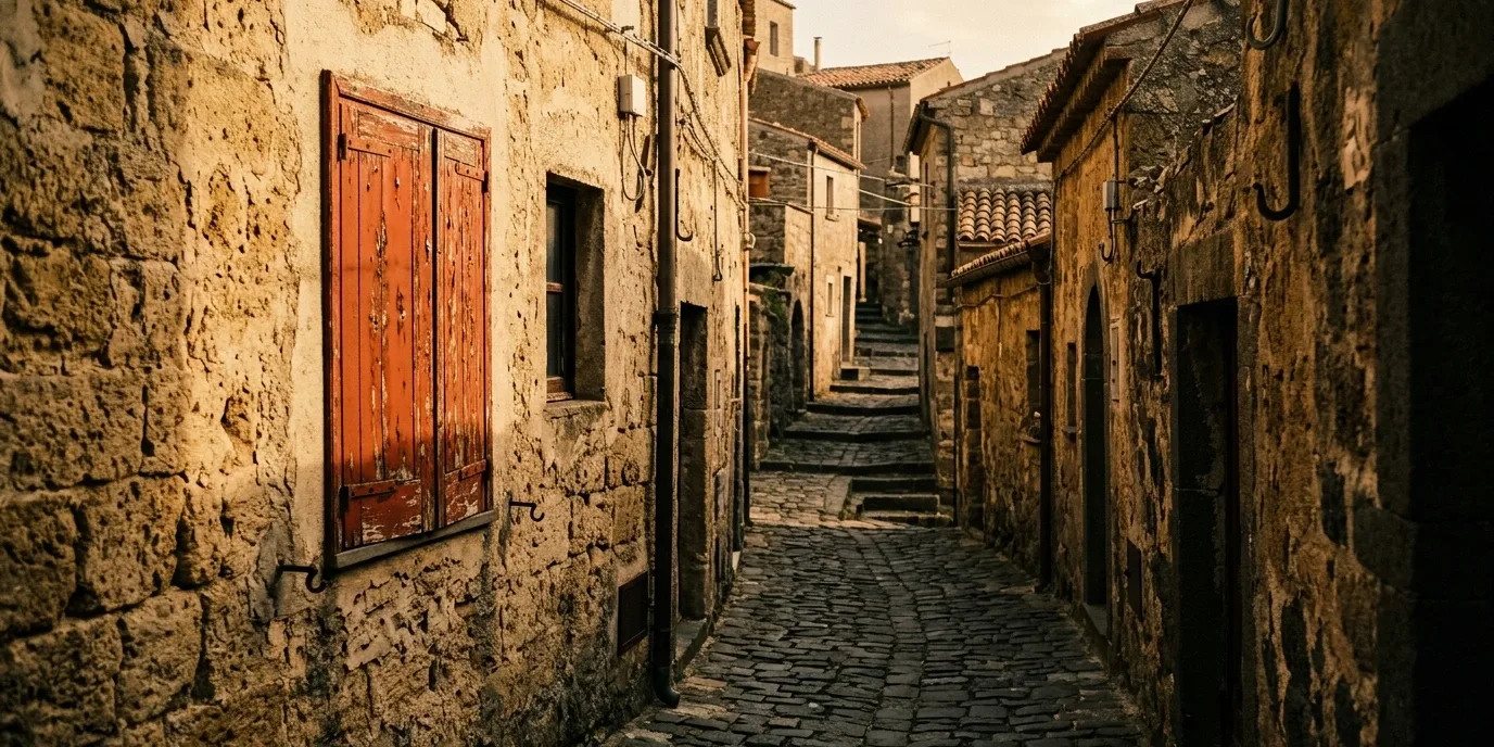 Vicolo di un borgo siciliano in pietra a fine giornata