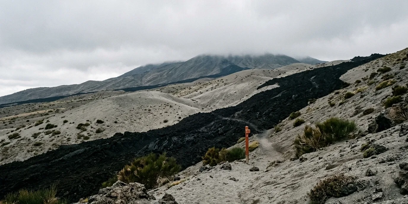 Pendici dell'Etna con colata lavica raffreddata e vegetazione bassa