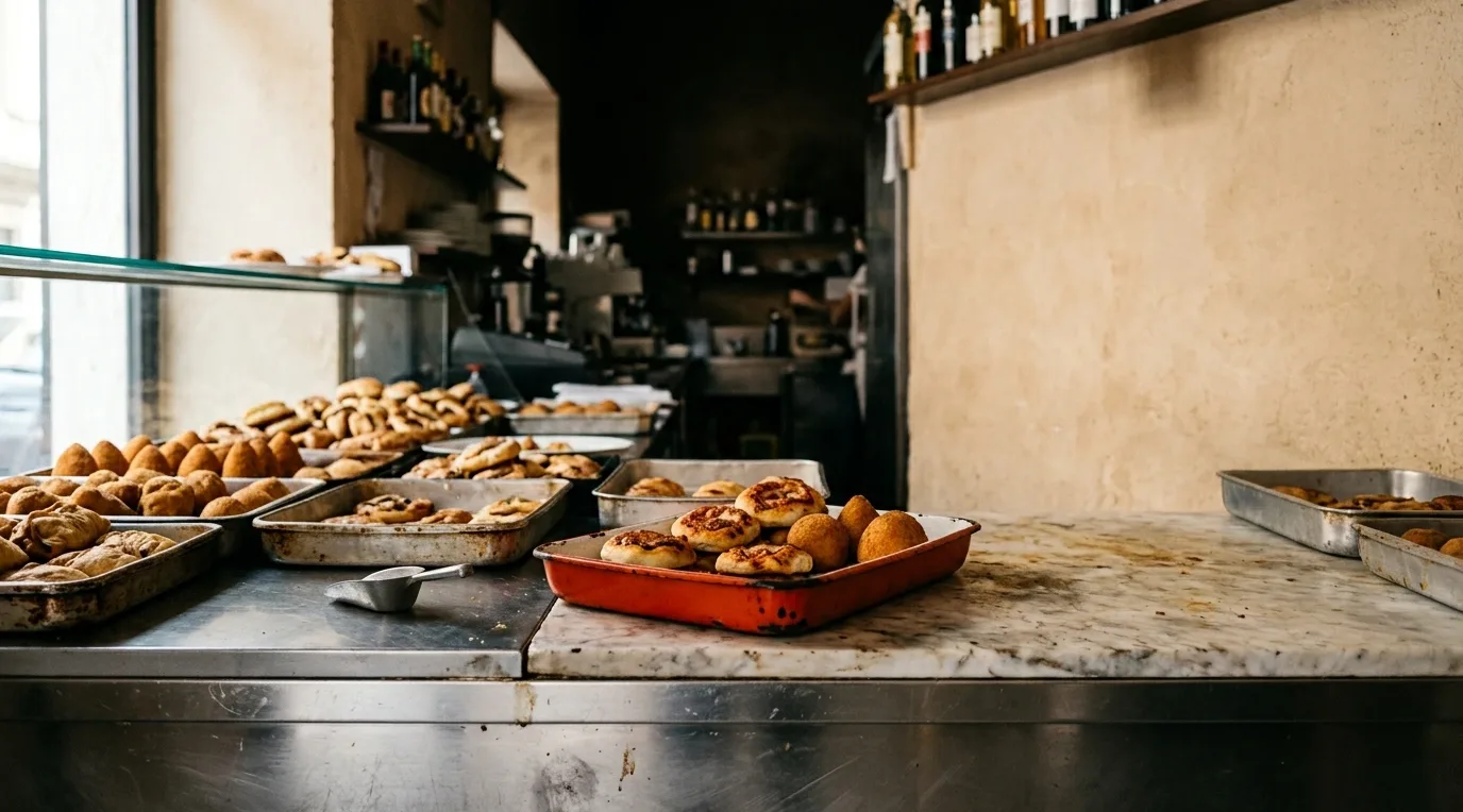 Banco di una tavola calda siciliana visto di lato