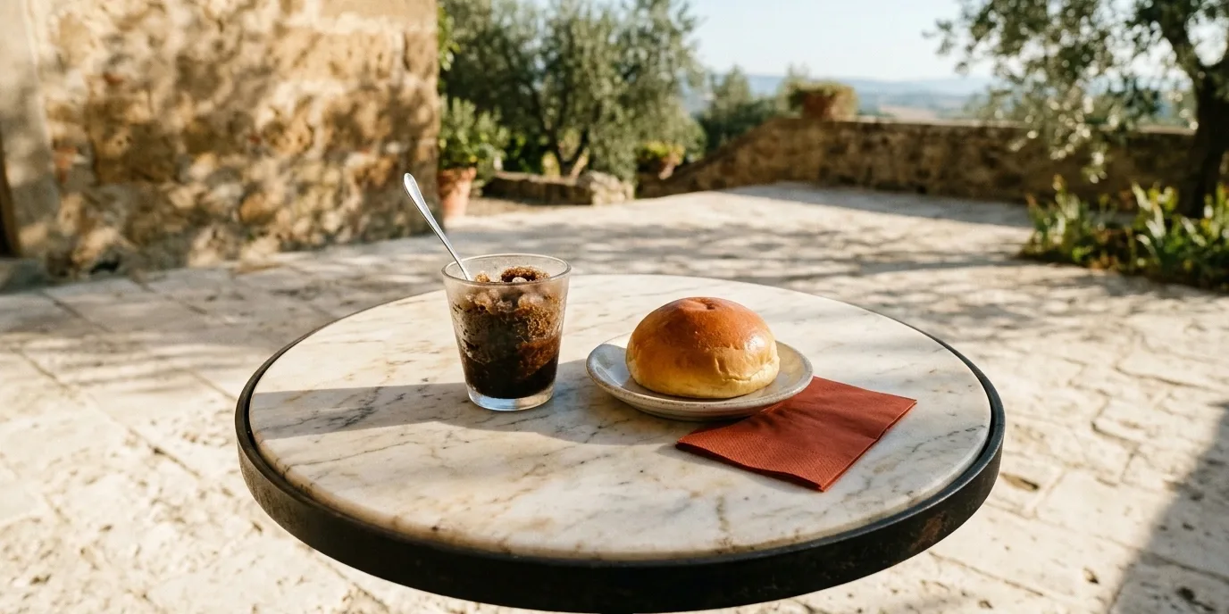 Granita e brioche su un tavolino di marmo al mattino