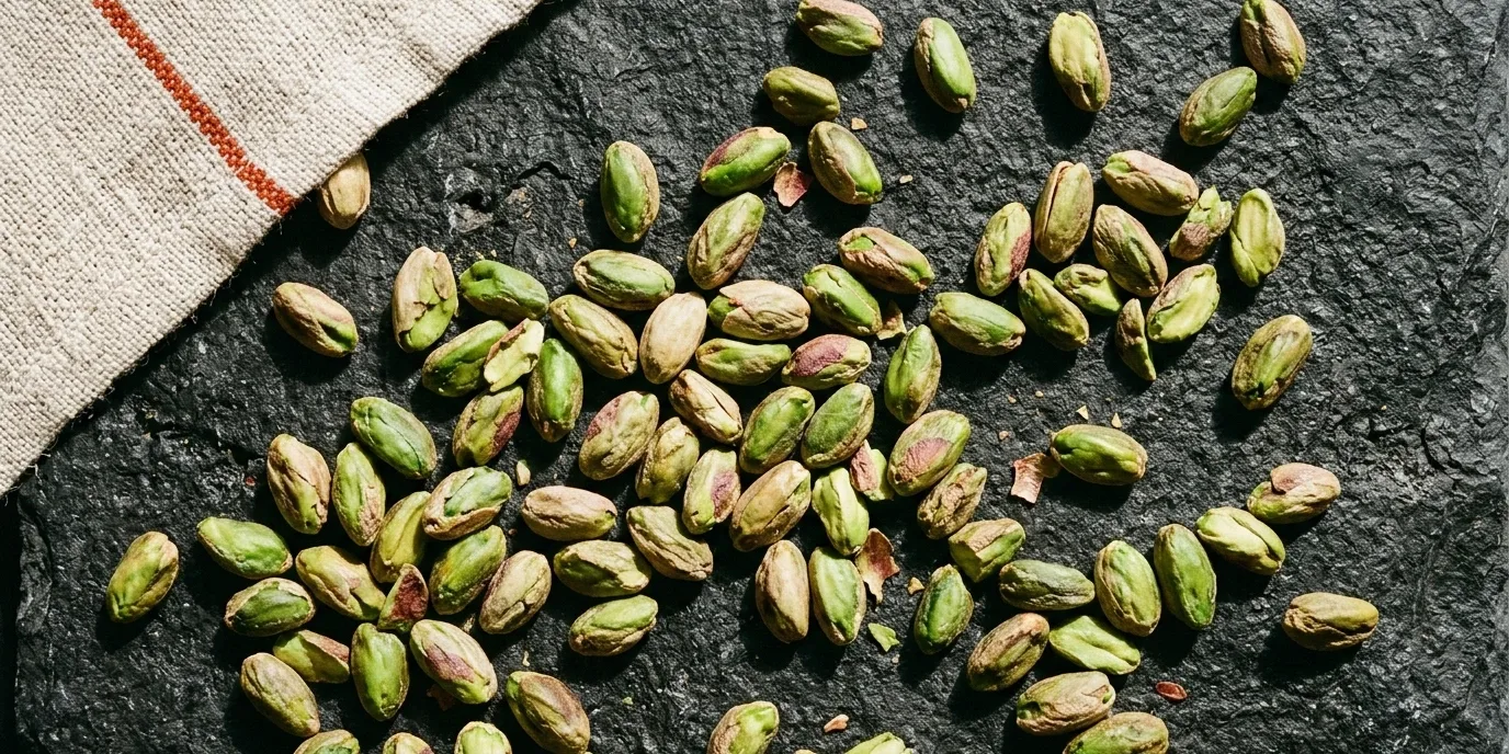 Pistacchi sgusciati in primo piano su superficie scura