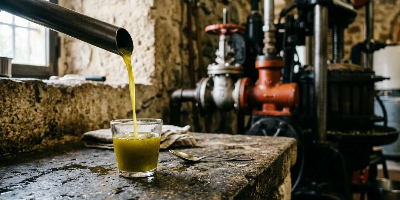 Olio extravergine appena molito versato in un bicchiere da assaggio