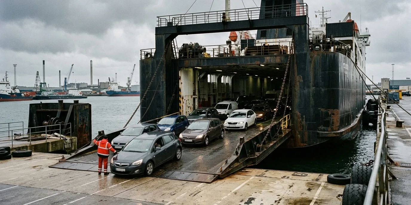 Rampa di imbarco di un traghetto con auto in fila