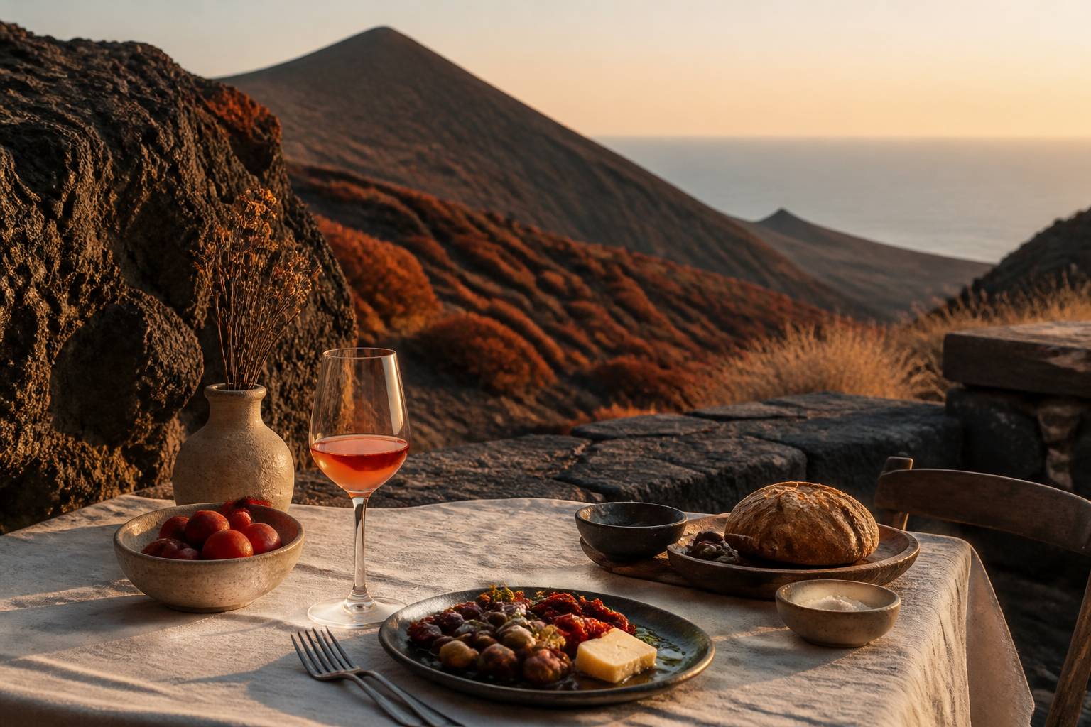 Tavola di agriturismo con prodotti locali e calice di vino davanti ai pendii dell'Etna