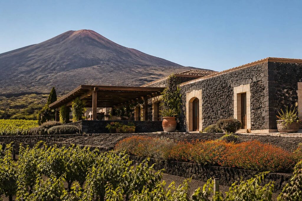 Agriturismo in pietra lavica ai piedi del vulcano con terrazza e pergolato