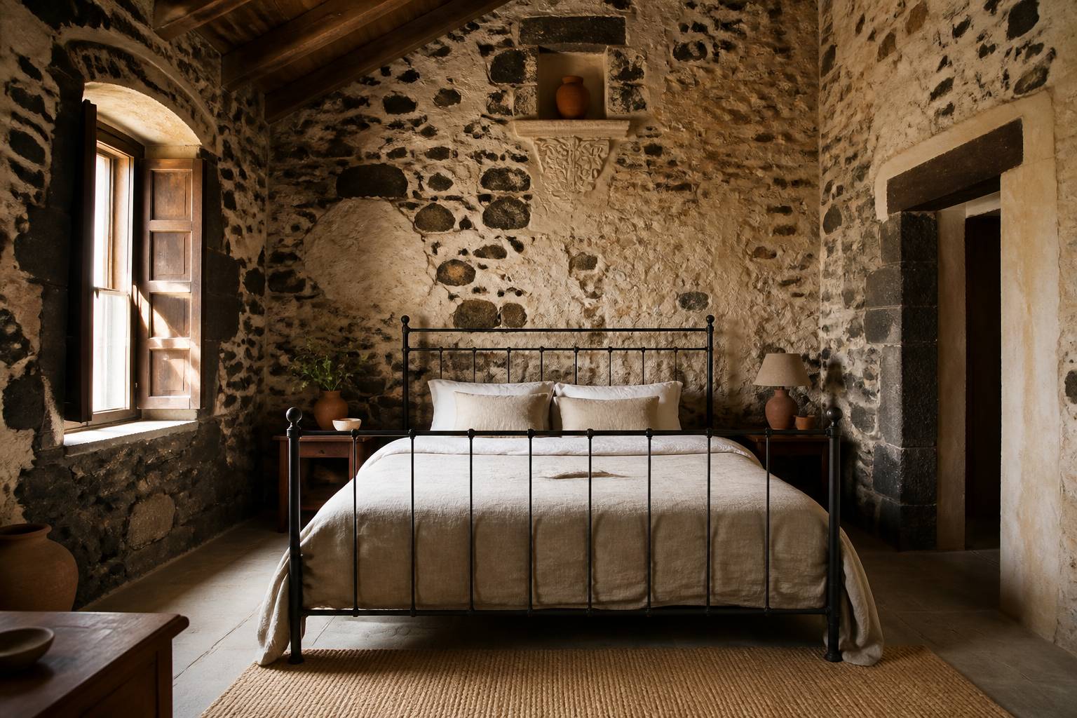 Chambre rustique avec lit en fer forgé et murs en pierre