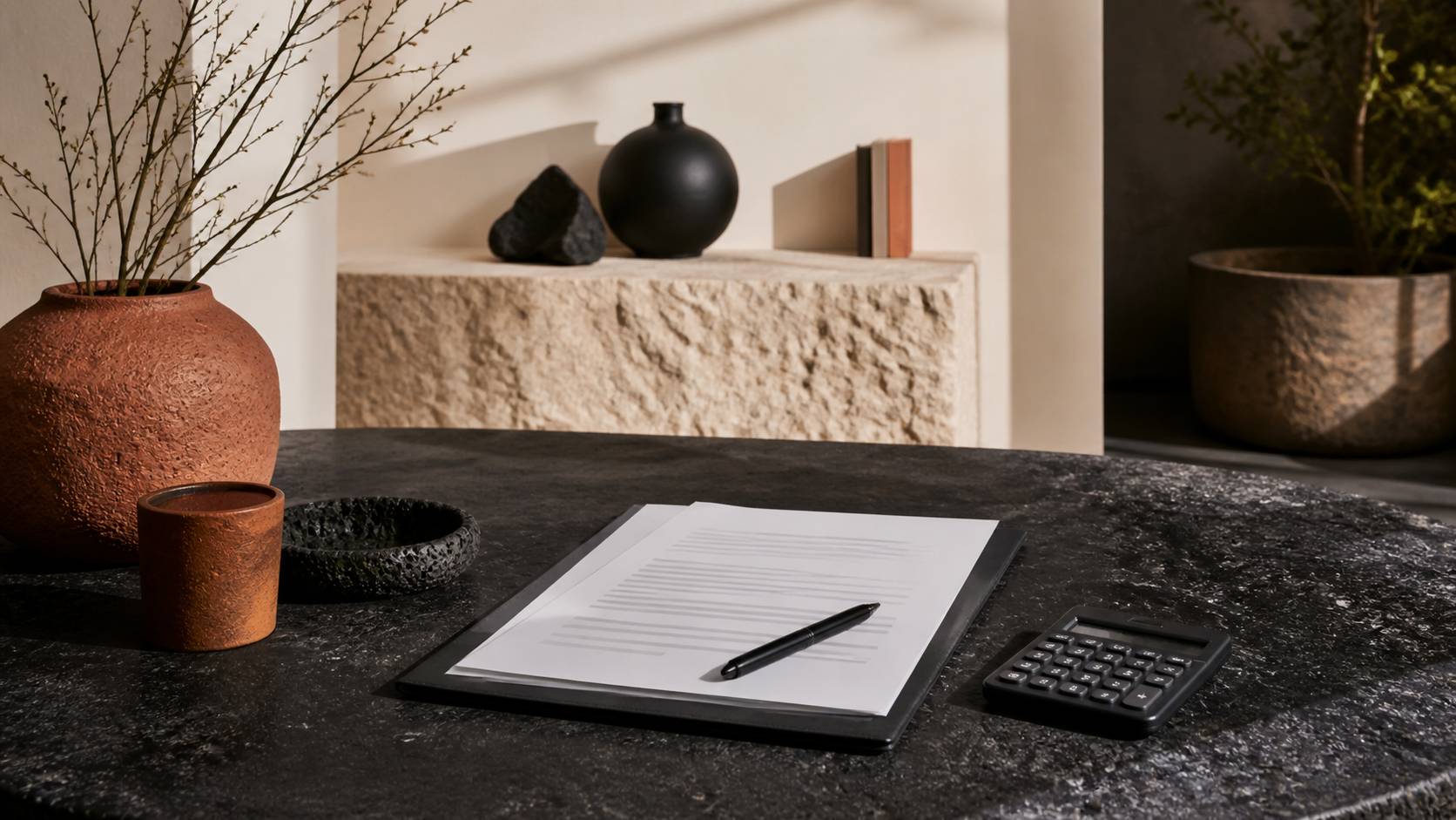 Contrat de location avec stylo et calculatrice sur une table