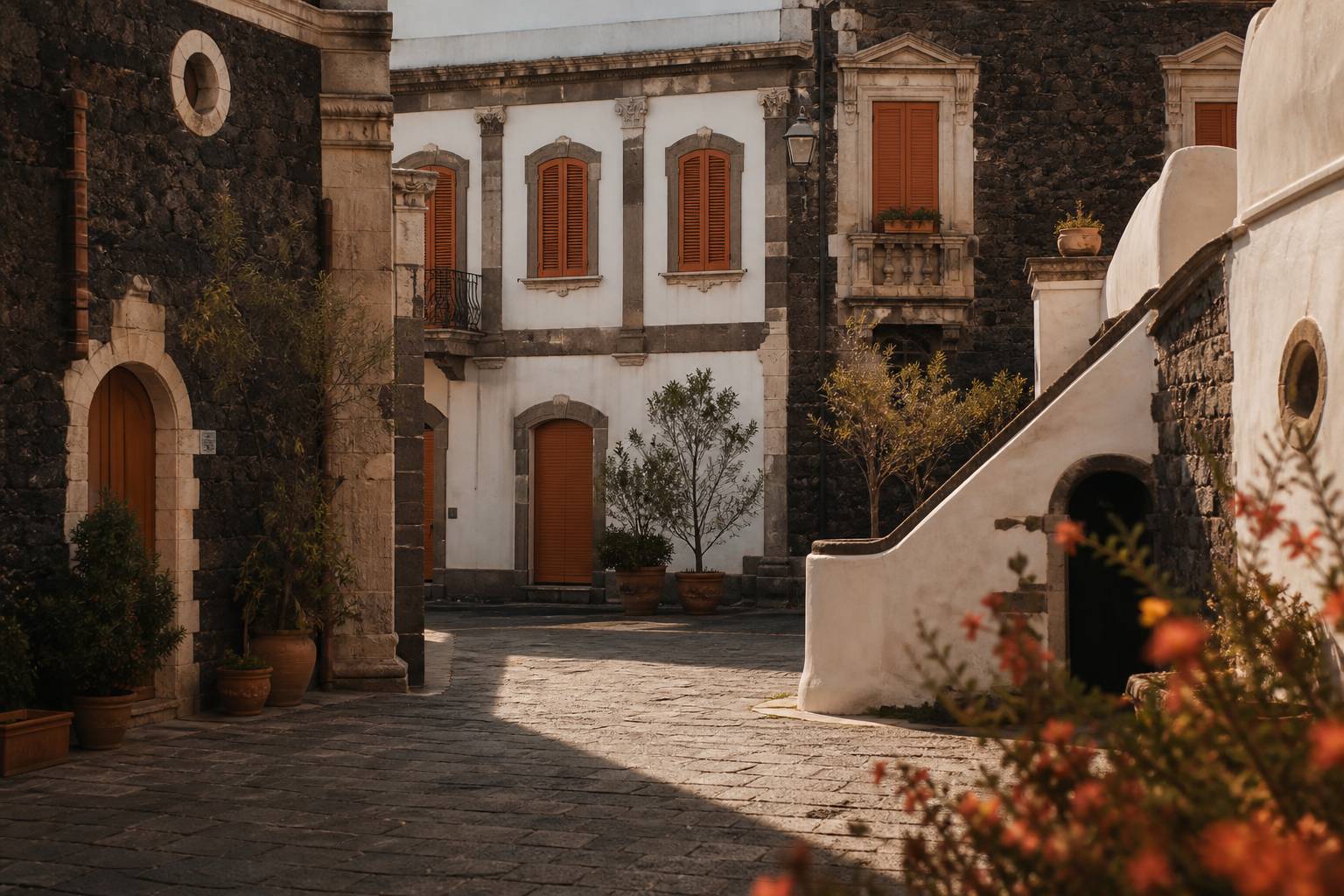 Piccola piazza di quartiere con hotel di charme, piante in vaso e pavé consumato