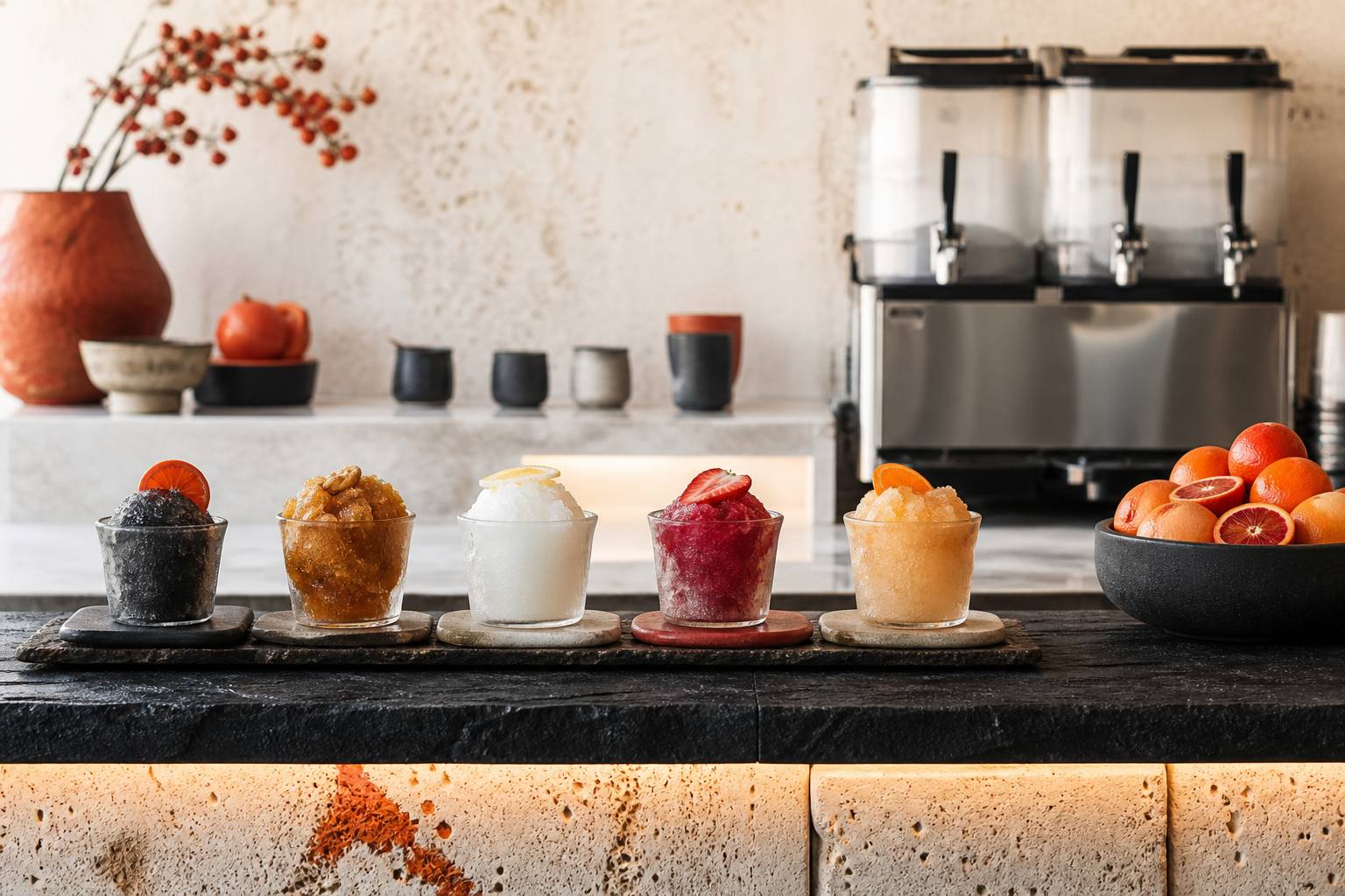 Coupes de granita alignées sur un comptoir de café