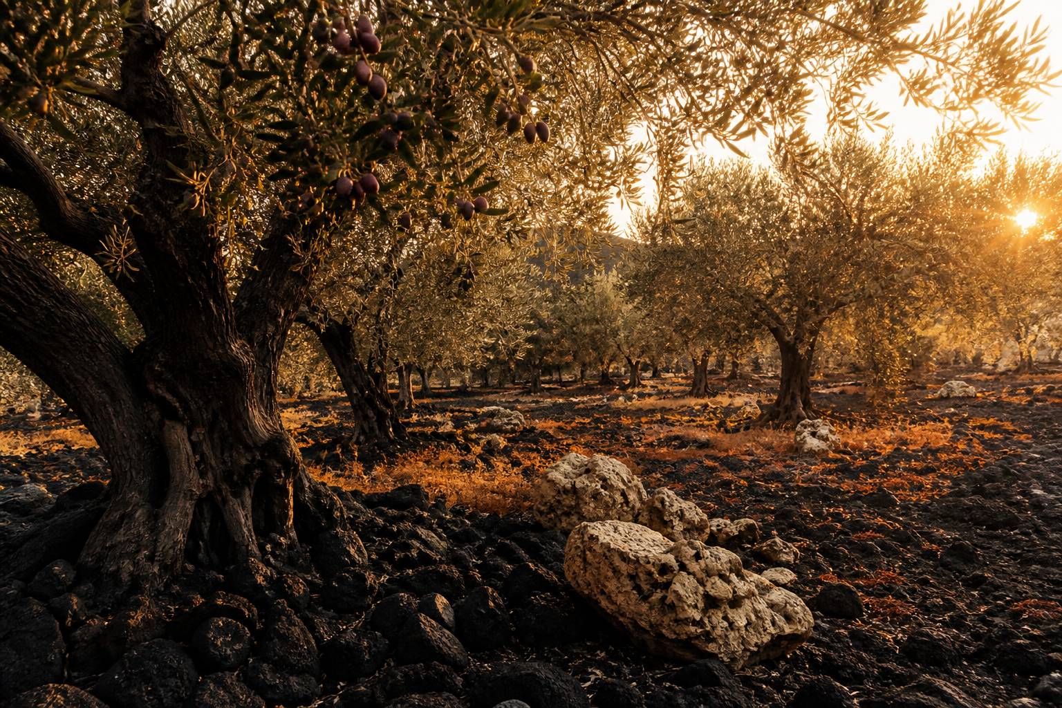 Oliveto siciliano con tronchi nodosi e terreno vulcanico sotto luce dorata