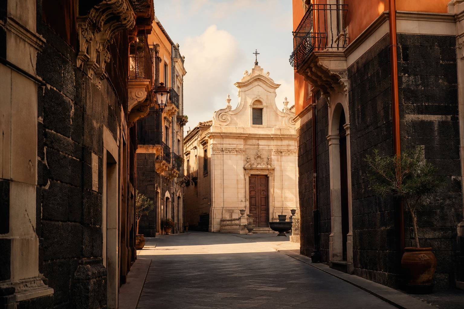 Via pedonale del centro storico con chiesa barocca e muri in pietra patinata