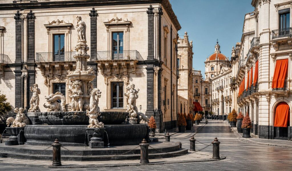Piazza barocca di Palermo con fontana monumentale e facciate in pietra chiara