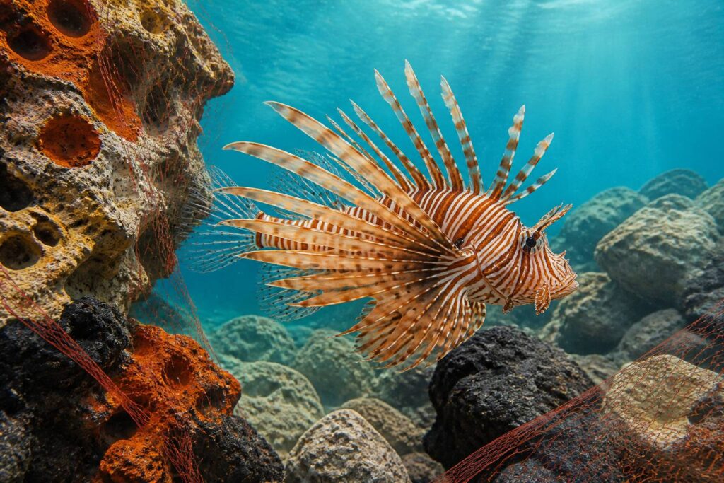 Poisson-lion aux rayures brunes nageant dans une eau méditerranéenne claire
