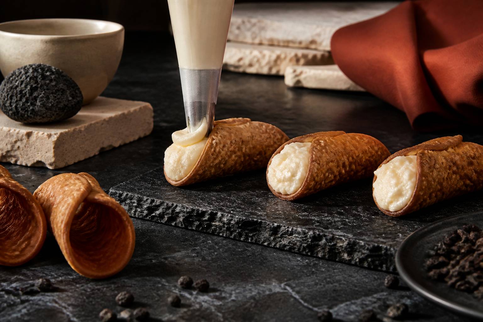 Cannoli remplis de crème à la poche à douille sur un plan de travail