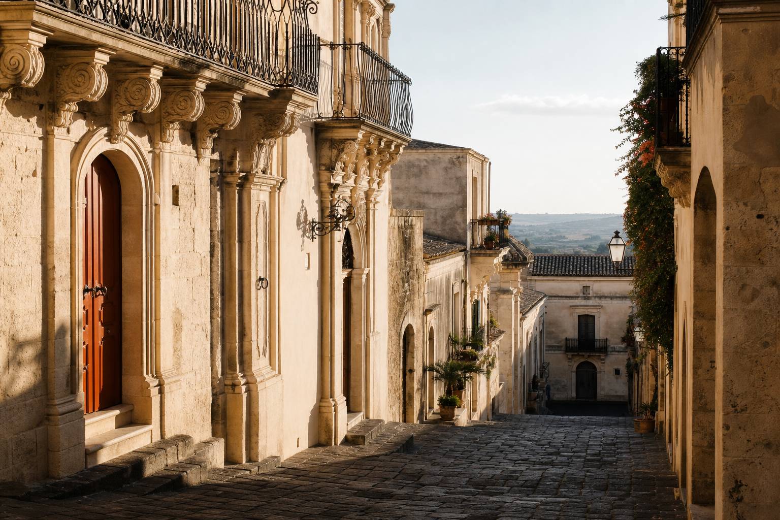 Strada in salita di un borgo barocco con facciate in pietra chiara e balconi in ferro