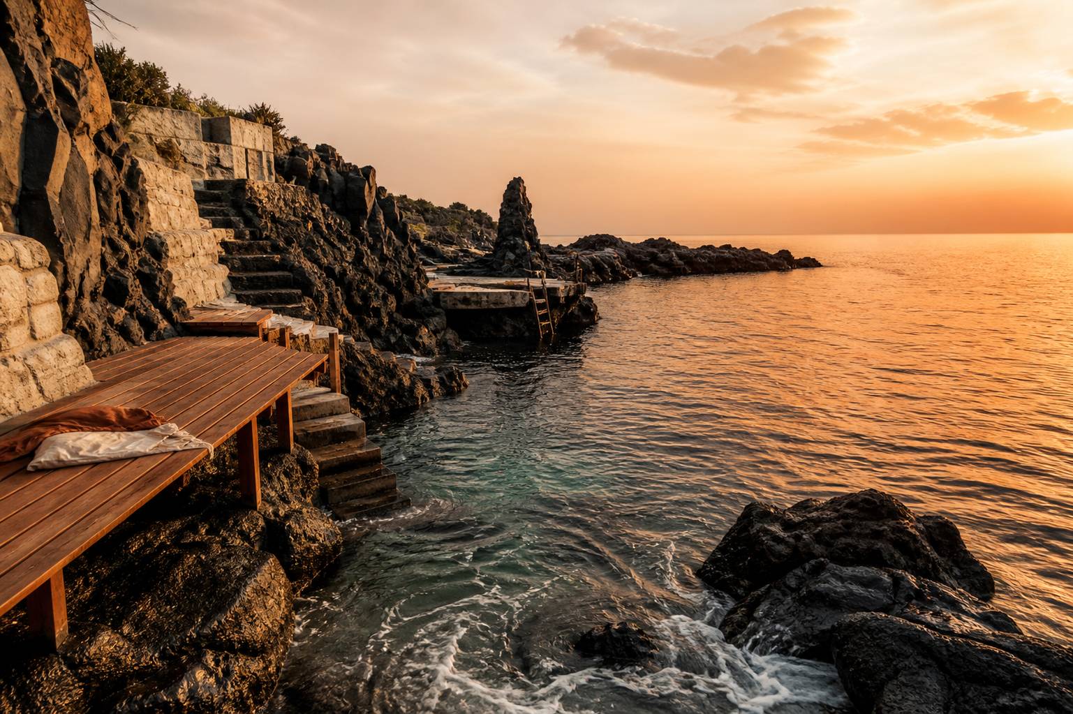 Scogli di lave con pedane in legno e scaletta per il bagno sul litorale di Isola delle Femmine