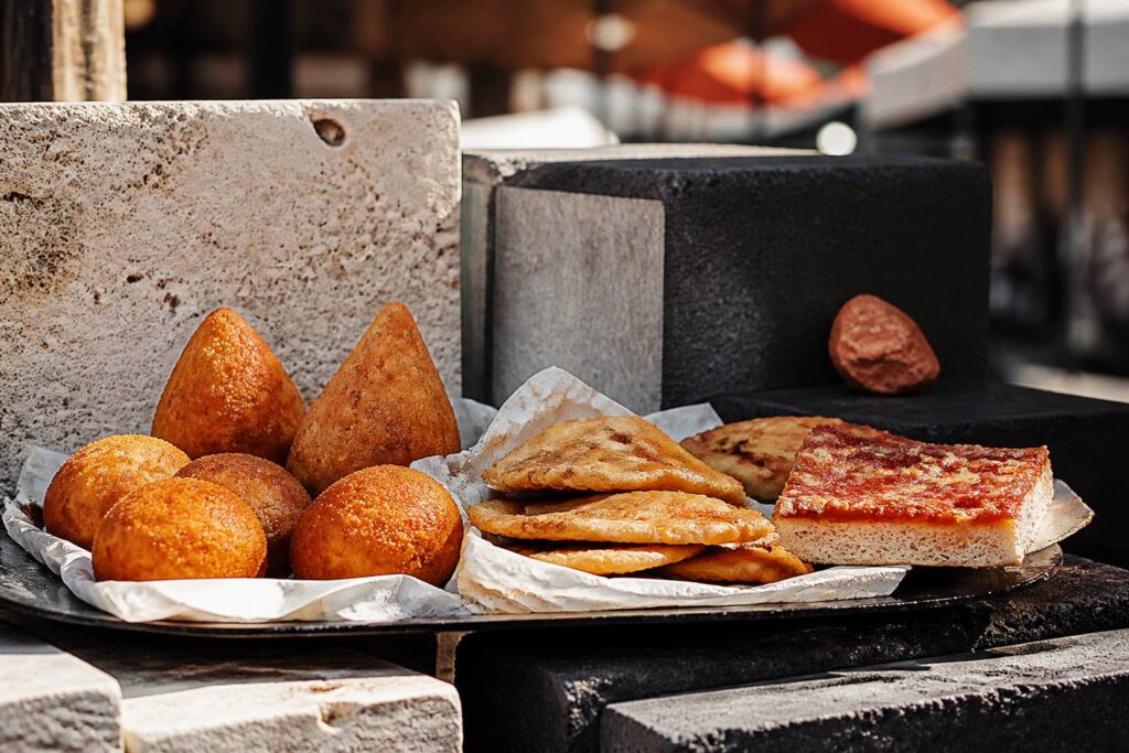 Arancine dorate, panelle e sfincione su vassoio con carta alimentare chiara