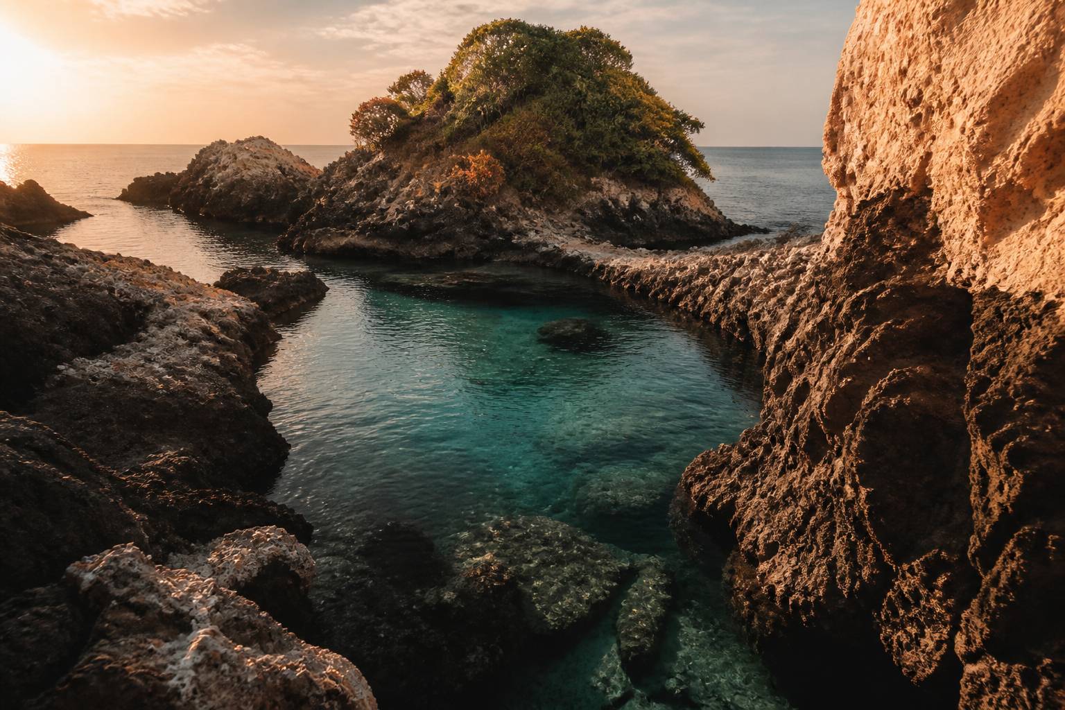 Cala rocciosa con isolotto verdeggiante e acqua turchese vicino alla costa di Taormina