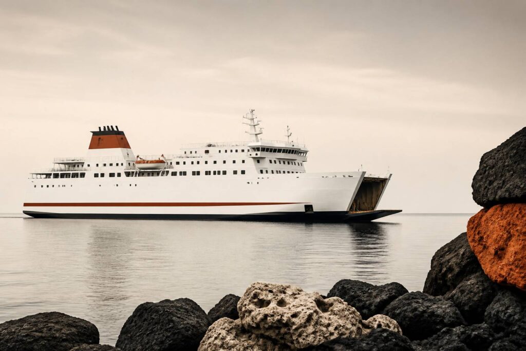 Ferry blanc au mouillage sur une mer calme