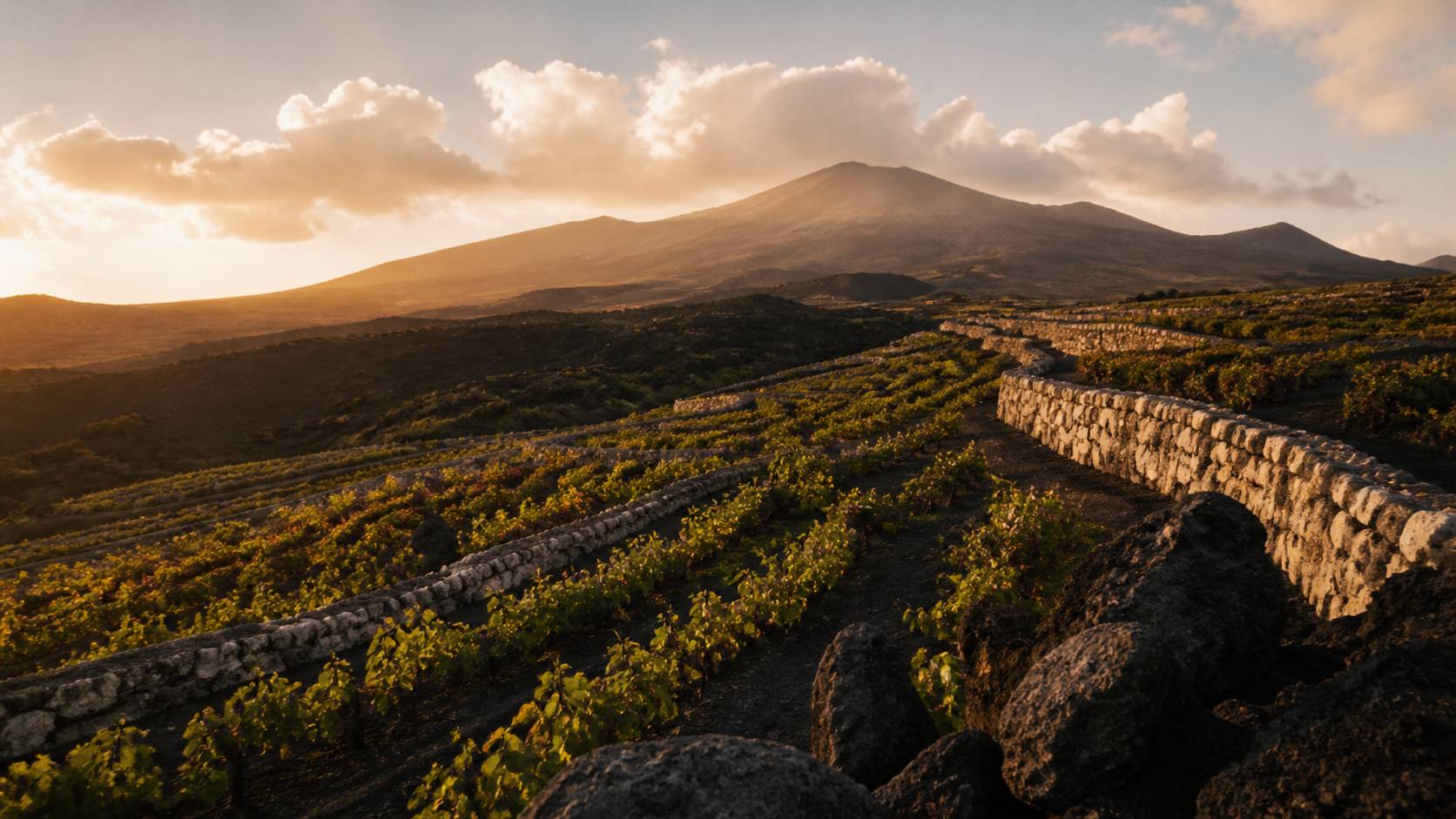 Vigneto terrazzato su pendici vulcaniche con filari bassi e terreno di lava