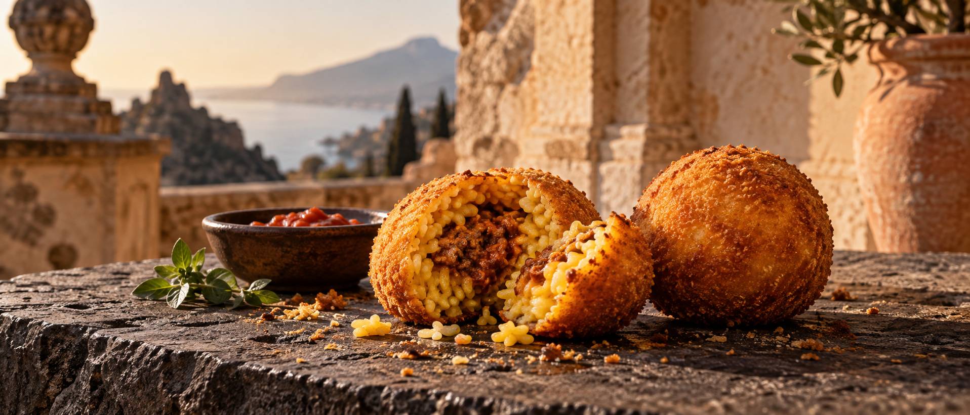 Illustration éditoriale du sujet : Arancine Siciliane: Il Gusto Caldo che Risveglia il Cuore