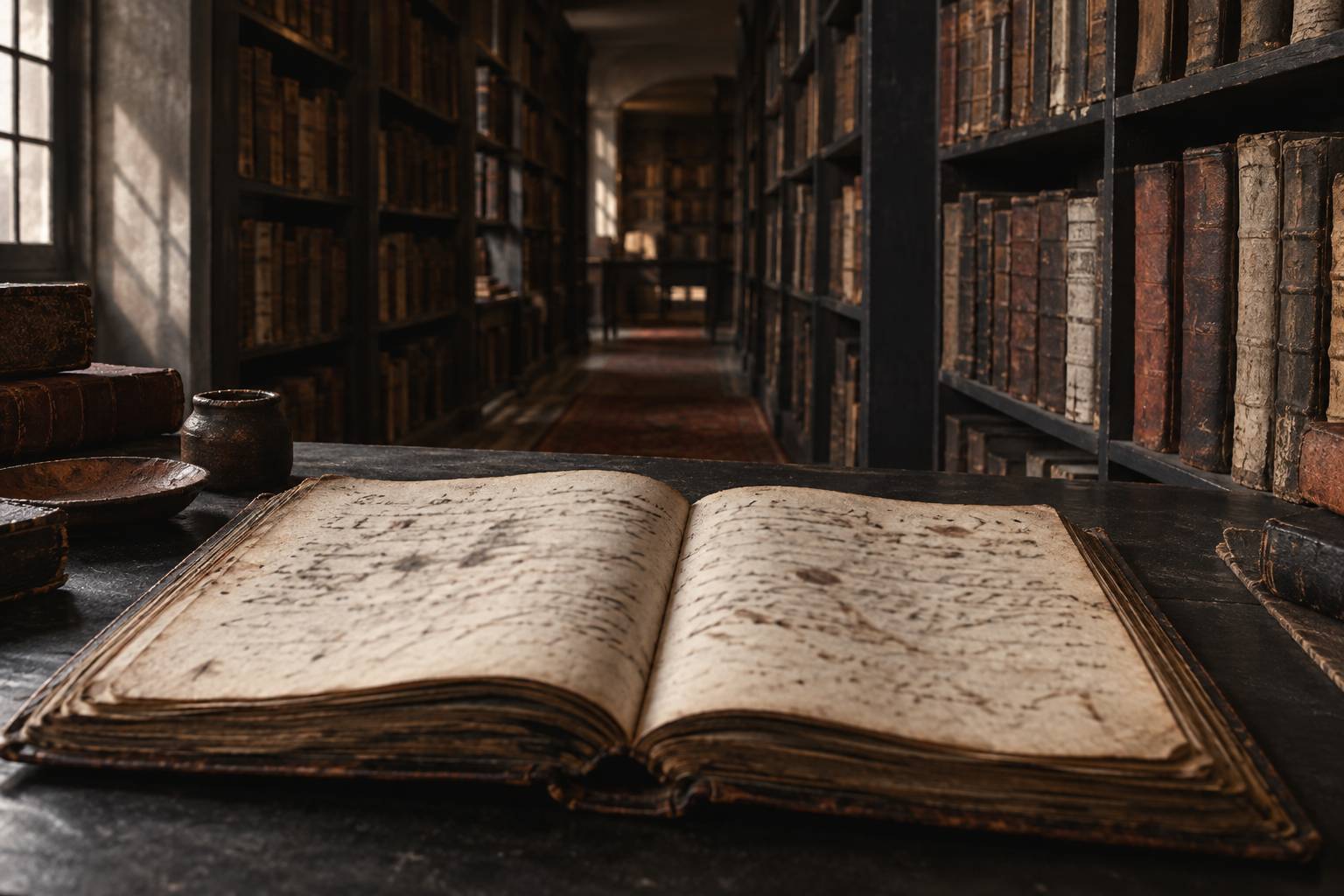 Registres anciens sur des rayonnages d'archive à la lumière tamisée