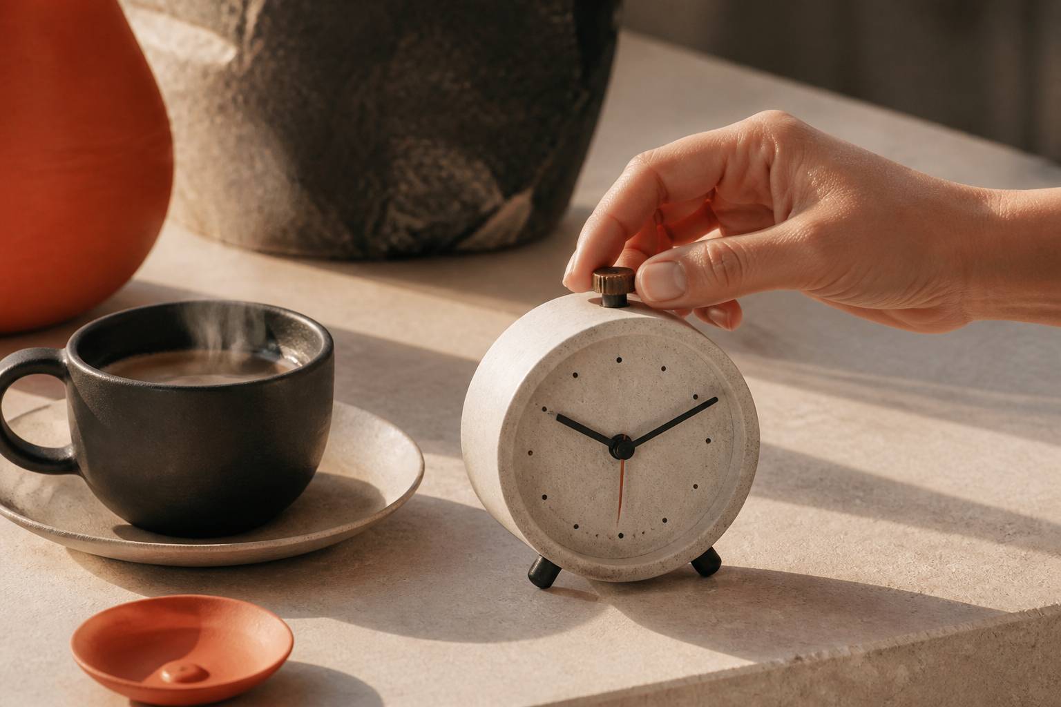 Mano che regola la rotella di una sveglia analogica su un tavolo in pietra con tazza di caffè