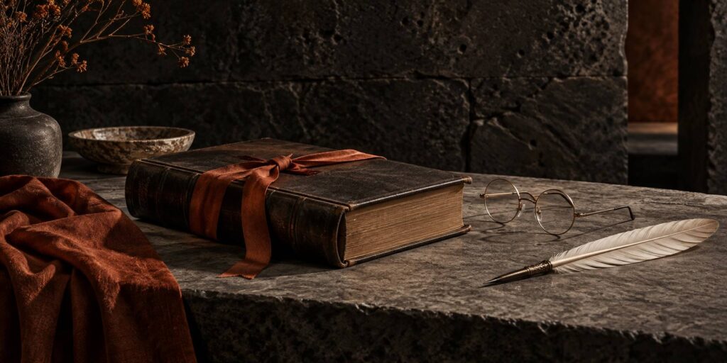 Vieux livre de loi en cuir avec ruban rouge sur une table en pierre