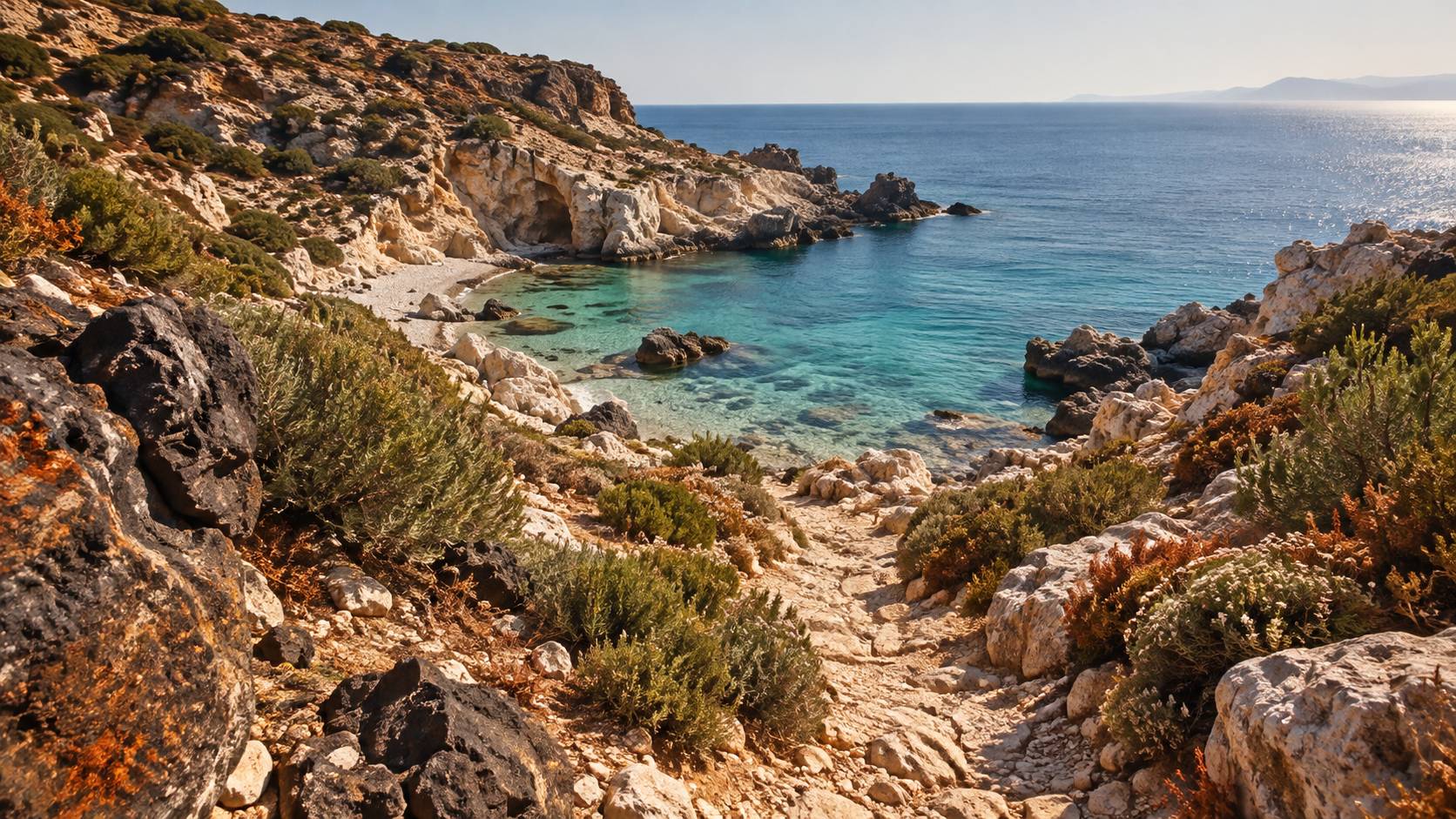Sentier côtier caillouteux surplombant une anse turquoise