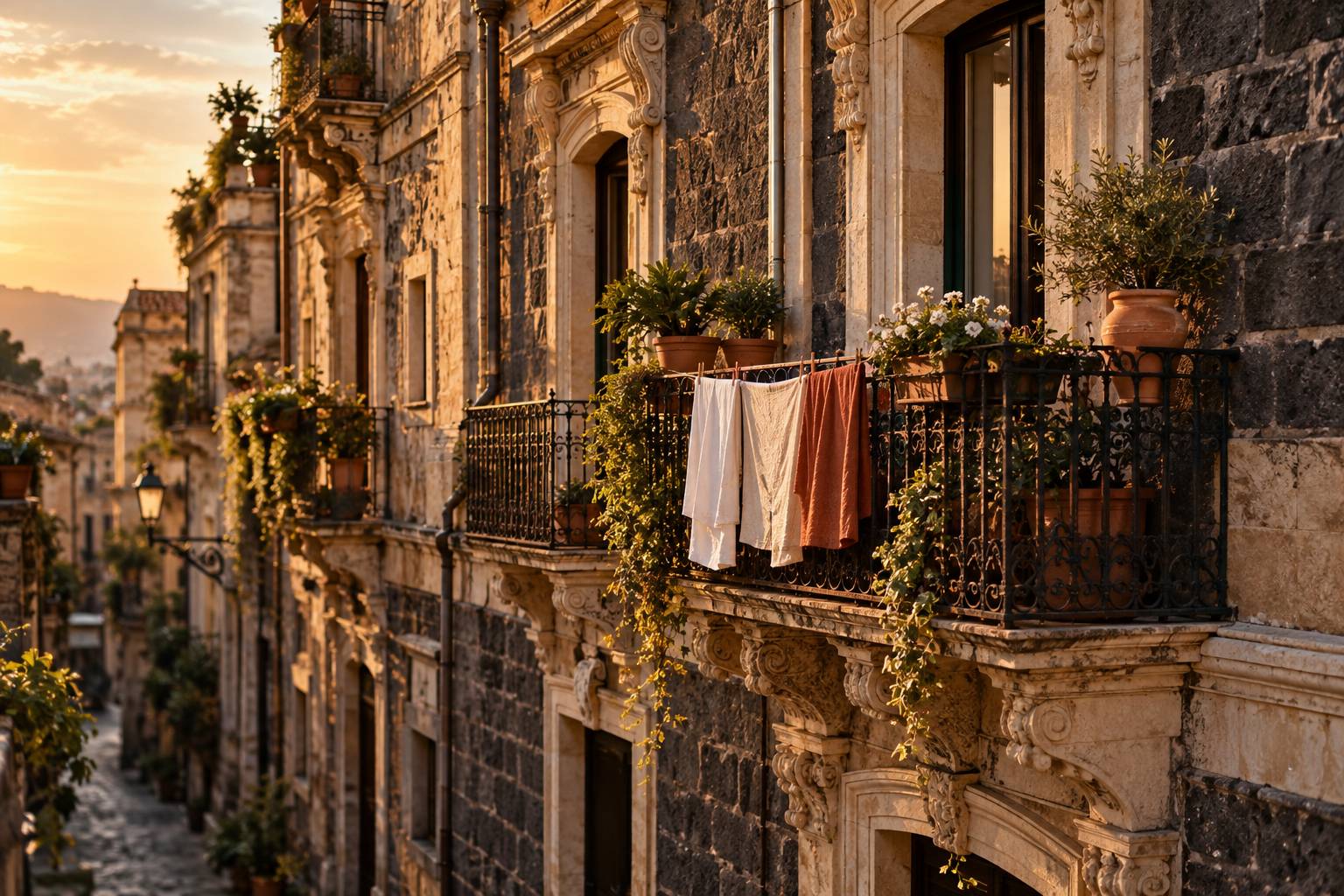 Balcons en fer forgé d'un immeuble ancien à Palerme