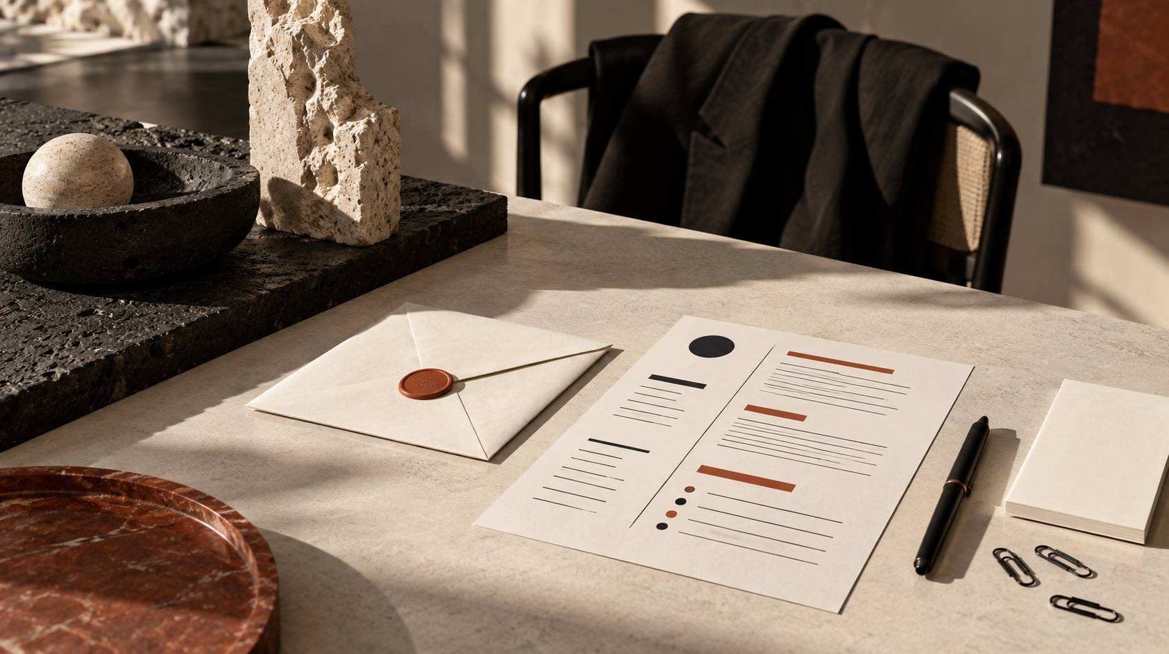 CV et enveloppe de candidature posés sur un bureau