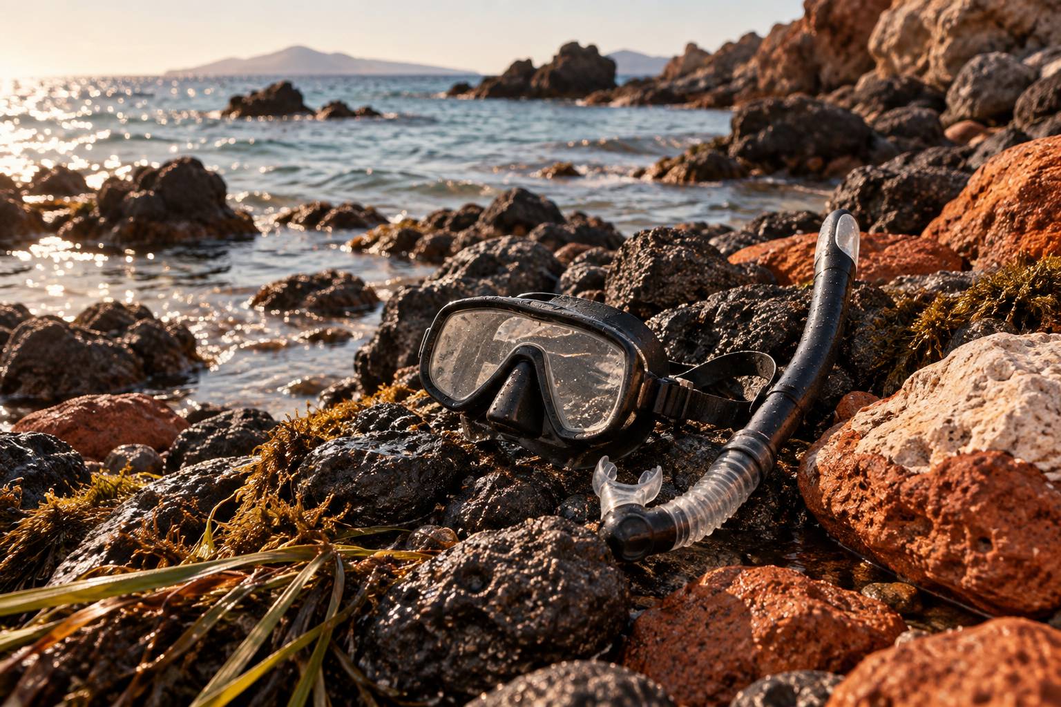 Rochers de lave et masque de plongée au bord de mer sicilien