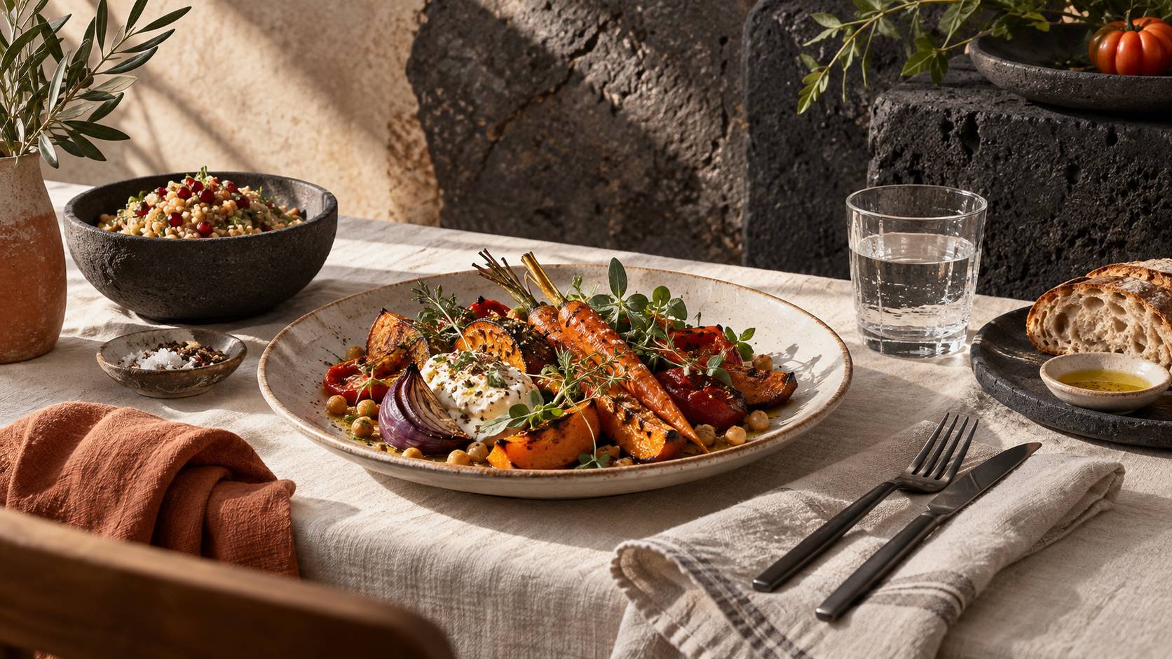 Salle de bistrot végétarien chaleureuse avec plantes vertes et tables en bois clair