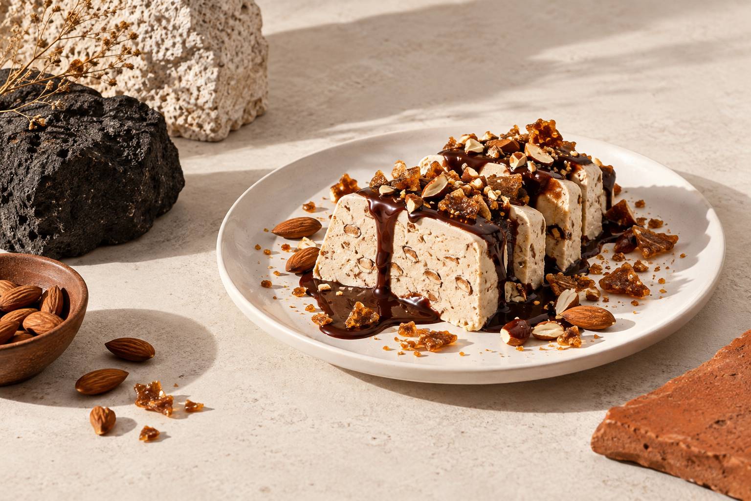 Gros plan sur des tranches de parfait aux amandes nappées de chocolat
