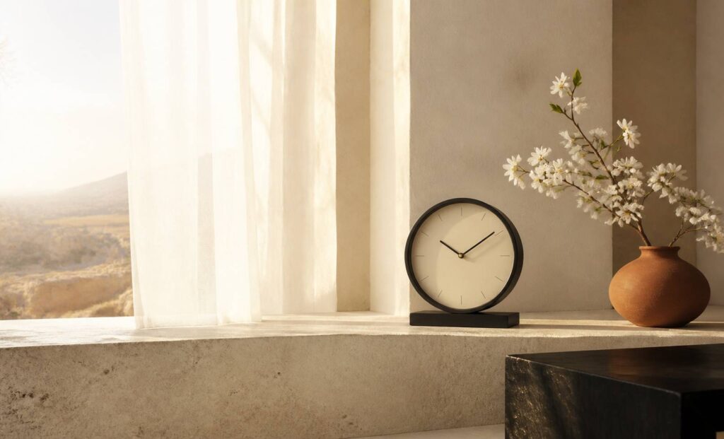 Orologio analogico dal quadrante essenziale su un davanzale in pietra chiara alla luce dell'alba