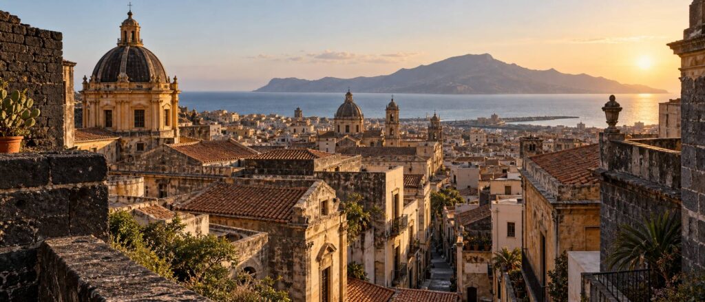 Toits et coupoles de Palerme avec la mer à l'horizon