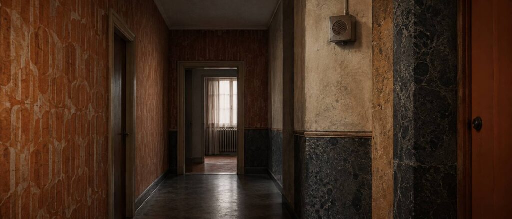 Couloir d'appartement des années 1980 avec haut-parleur de surveillance mural